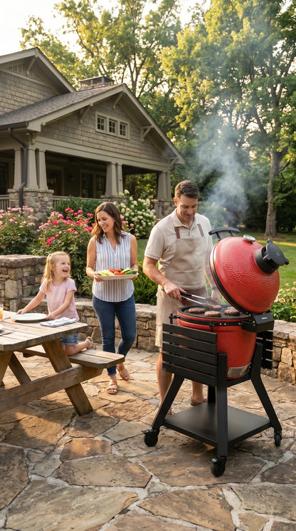 Kamado Moe Orange Peel range — manufacturer supplied outdoor lifestyle illustration, view 139.