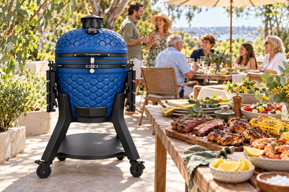 Kamado Moe Ultra Honeycomb22 Blue styled australia-day barbecue scene; colour illustration