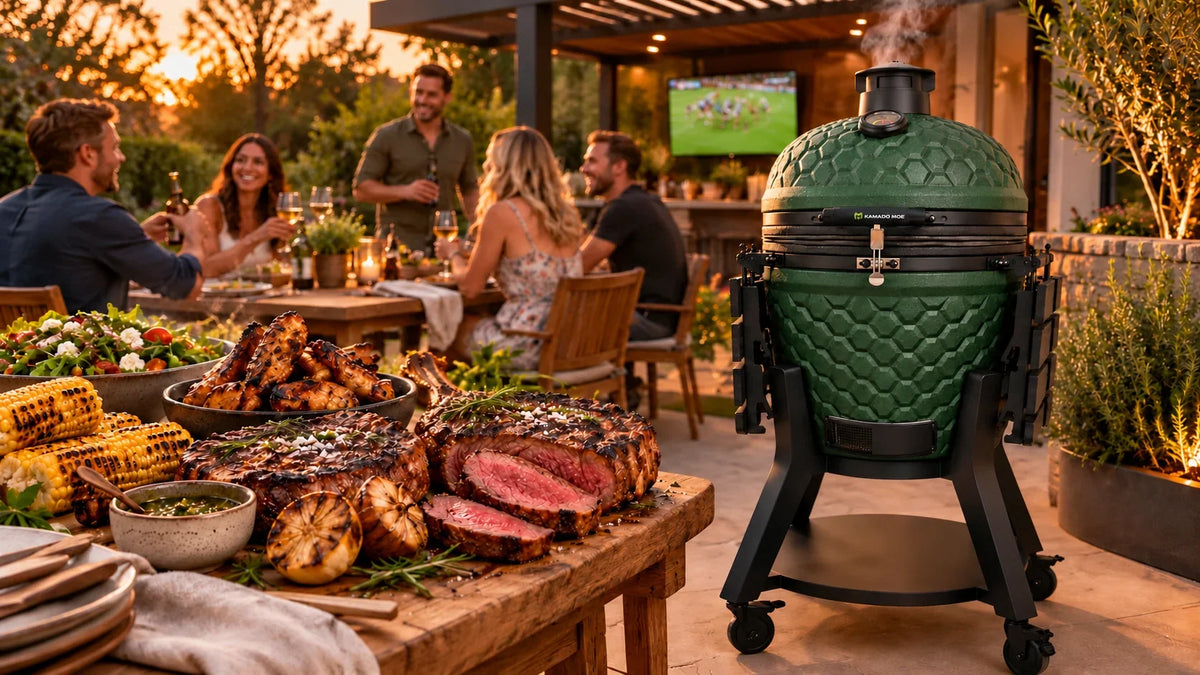 Lifestyle illustration of a green Kamado Moe Ultra Honeycomb 22-inch barbecue beside smoky steak, chicken and corn as friends watch rugby outdoors at sunset.