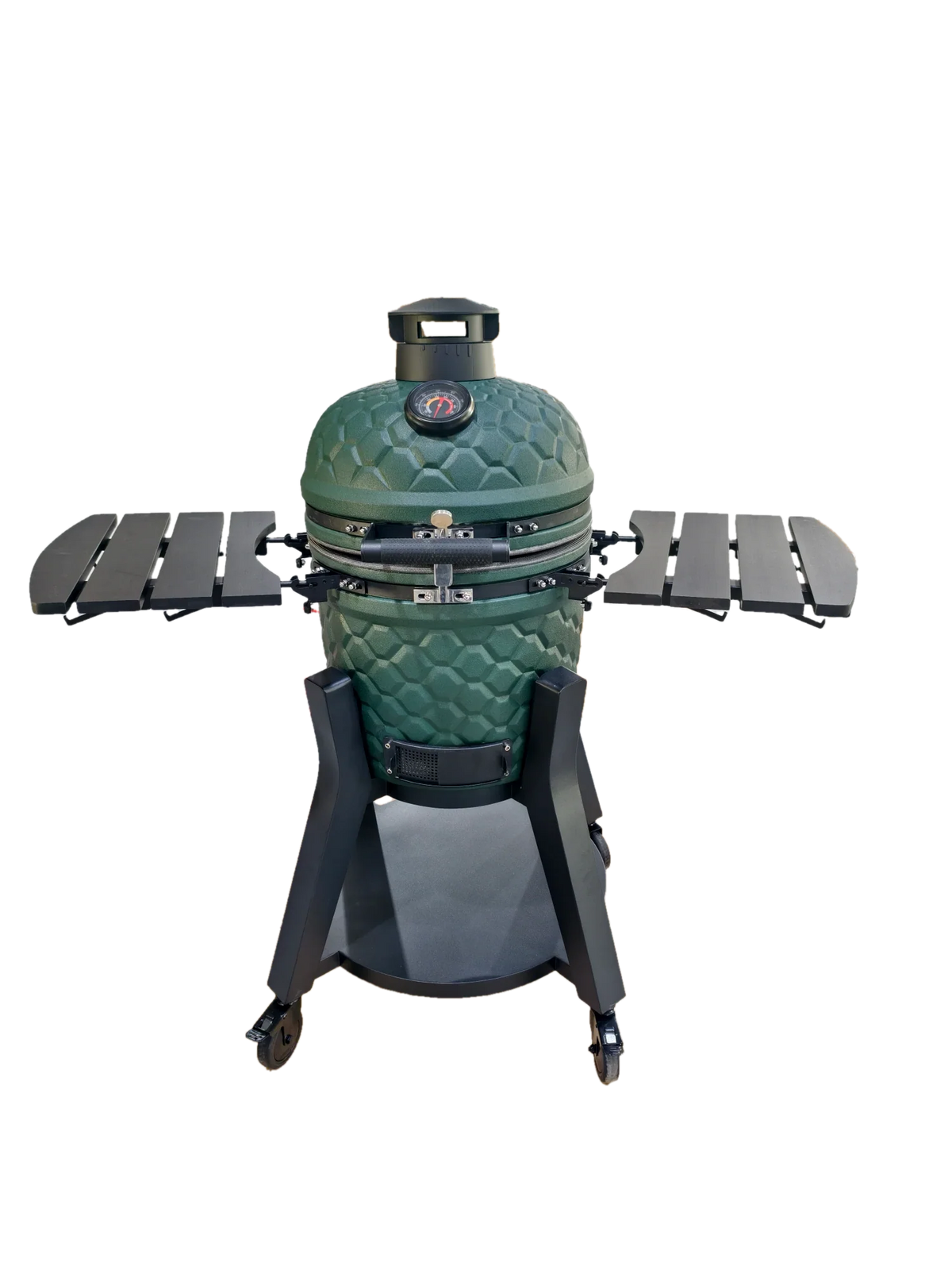 Kamado Moe Ultra Honeycomb 18″ Green — Green finish with modern wheeled stand.