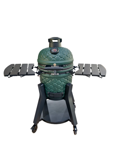 Kamado Moe Ultra Honeycomb 18″ Green — Green finish with modern wheeled stand.