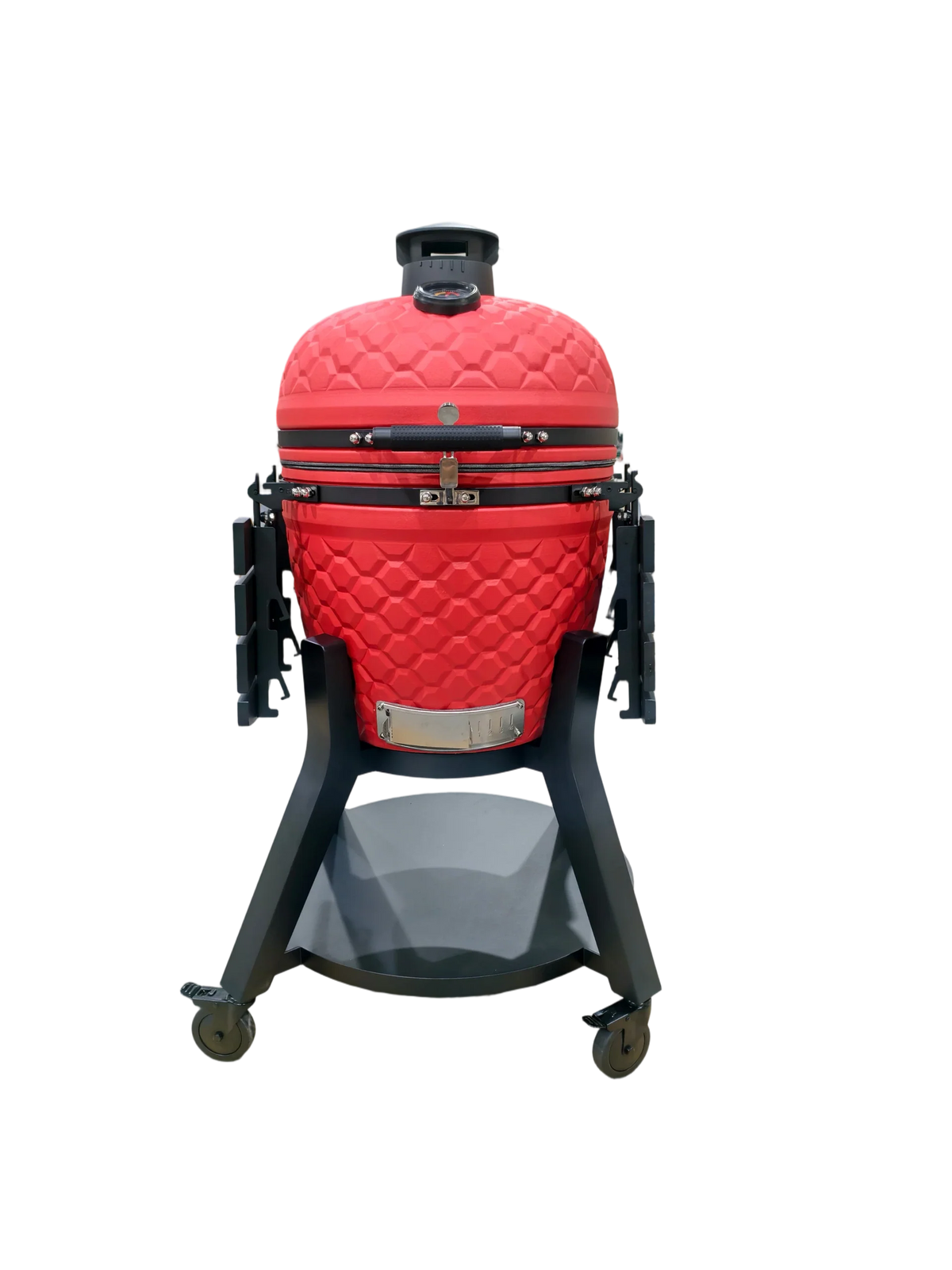 Kamado Moe Ultra Honeycomb 18″ Red — Red finish with modern wheeled stand and folded shelves.