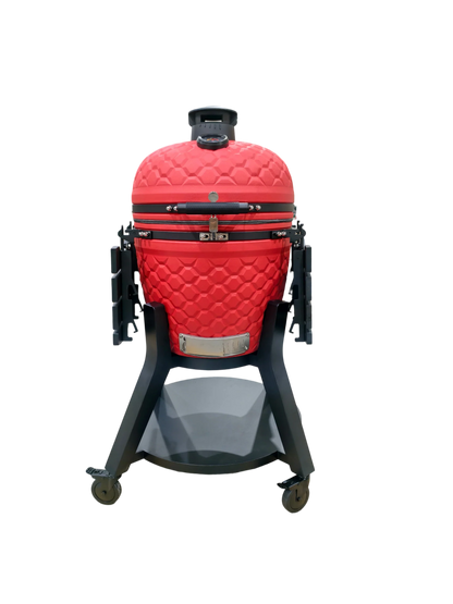 Kamado Moe Ultra Honeycomb 18″ Red — Red finish with modern wheeled stand and folded shelves.