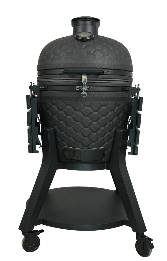 Kamado Moe Ultra Honeycomb 22″ Black — Black finish with modern wheeled stand.