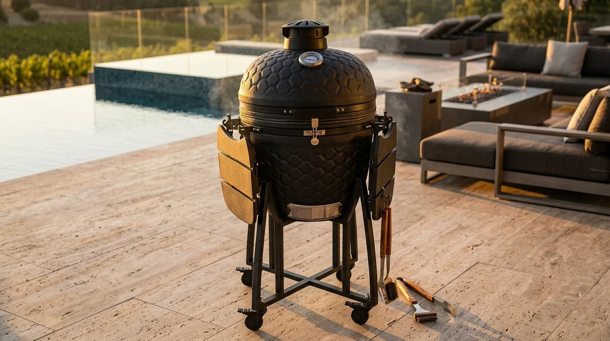 Kamado Moe Ultra Honeycomb range — manufacturer supplied outdoor lifestyle illustration, view 123.