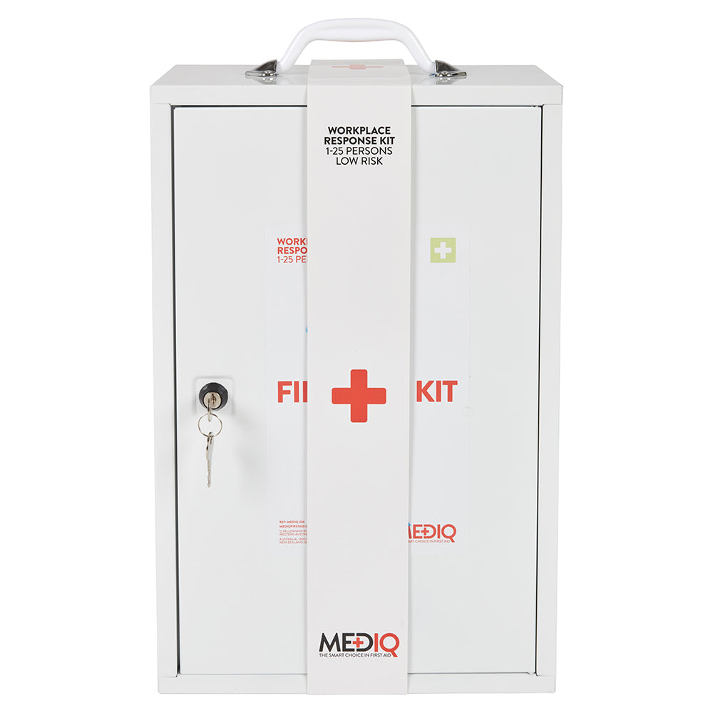 Mediq Essential First Aid Kit Workplace Response in White Metal Wall Cabinet Low Risk 1-25 Persons (MEDFAEWM)