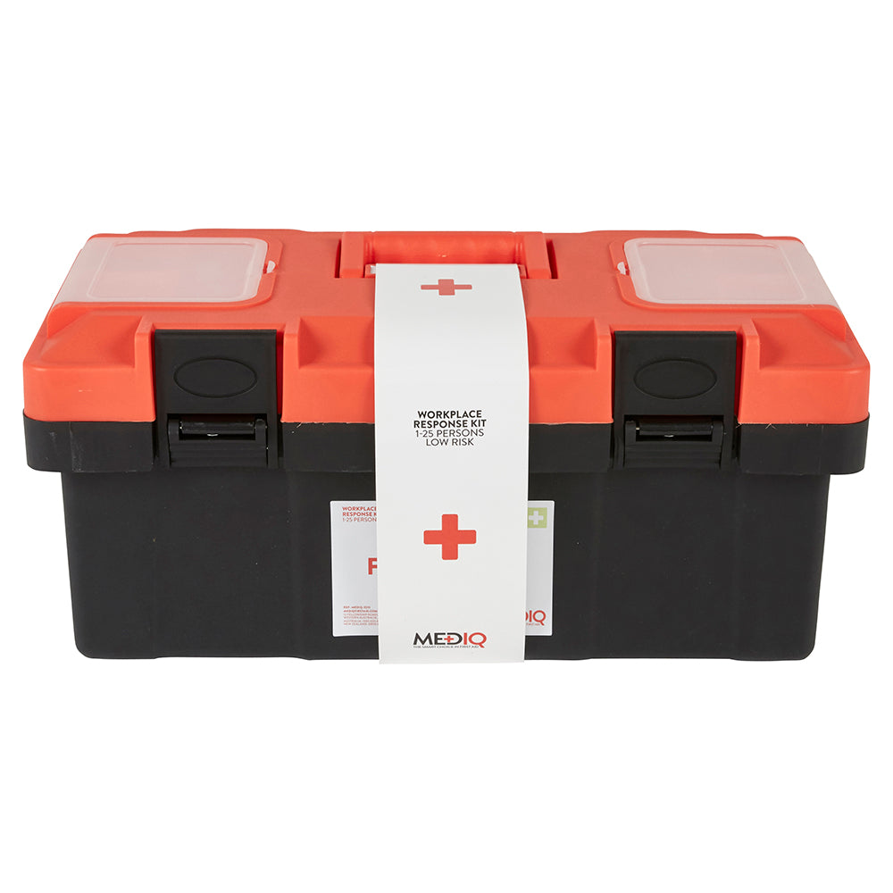 Mediq Essential First Aid Kit Workplace Response in Orange/Black Plastic Tackle Box 1-25 Persons Low Risk (MEDFAEWT)