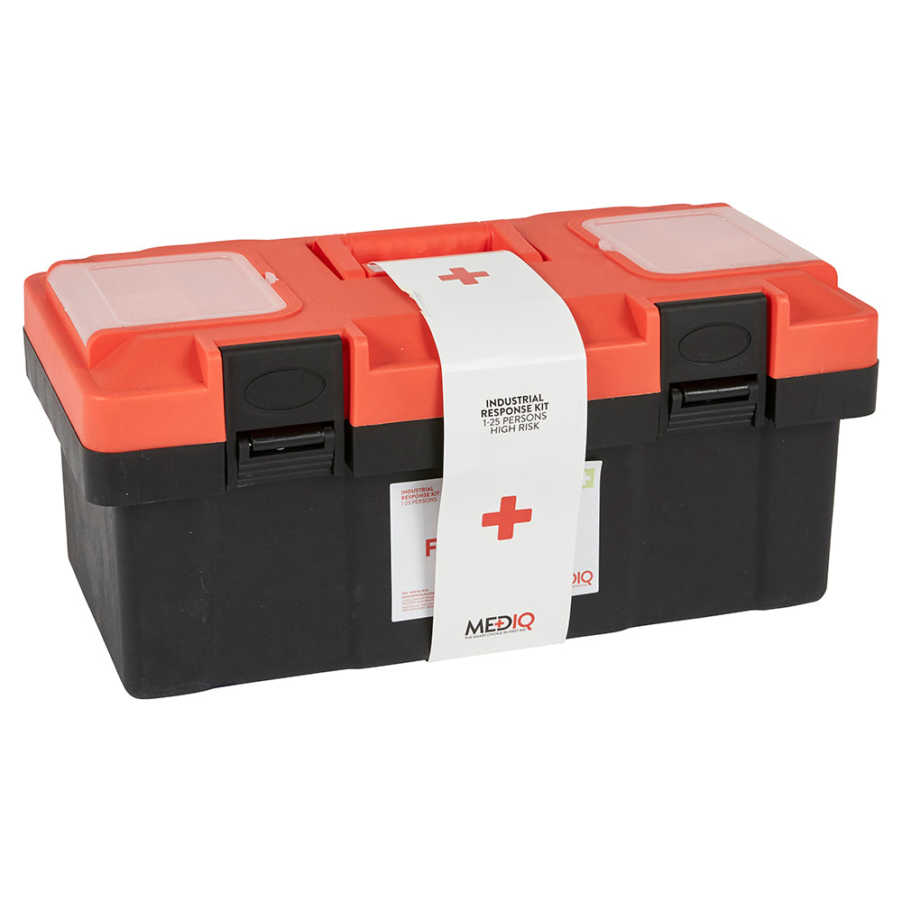 Mediq Essential First Aid Kit Workplace Response in Orange/Black Plastic Tackle Box 1-25 Persons High Risk (MEDFAEIT)